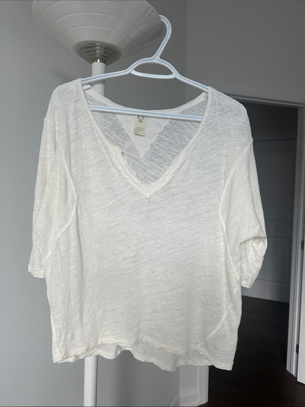 We The Free Breezy White V-Neck Slub Linen Blend Tee